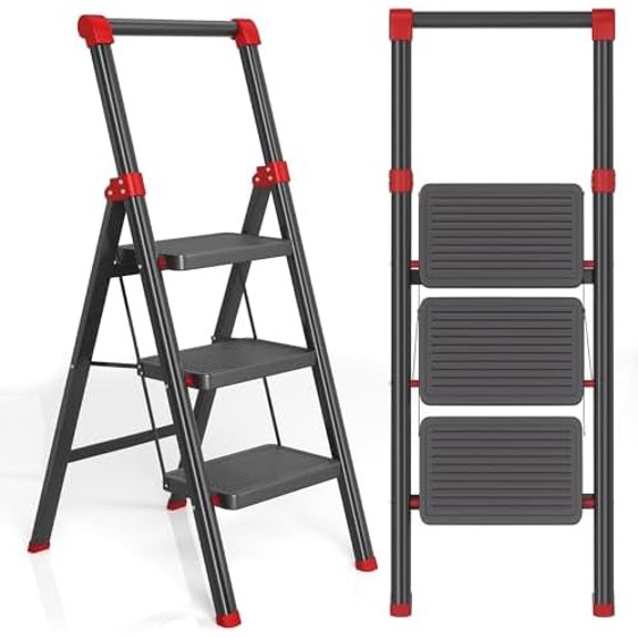 3 Step Ladder with Handle, Foldable Step Stool for Adults - Extra Wide Non-Slip Pedal, Sturdy Reinforced Construction & Rubber Feet, for Home and Kitchen Use, Black Red