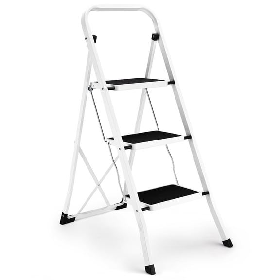 Jocauto 3 Step Ladder with Handrail, 330 lbs Heavy Duty Folding Step Stool for Adults, Anti-Slip Wide Pedals, Lightweight & Portable, Space-Saving Design, White