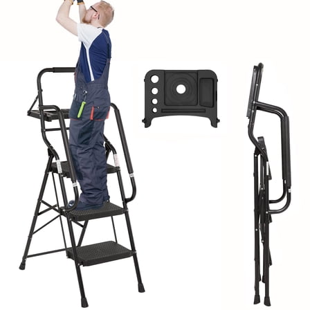 3 Step Ladder with Handrails, Foldable Ladder with Tool Plateform, Little Giant Ladder, Ladders for Home, Heavy Duty Step Ladder with Non-Slip Wide Pedal, 330LBS Portable Safety Stairs