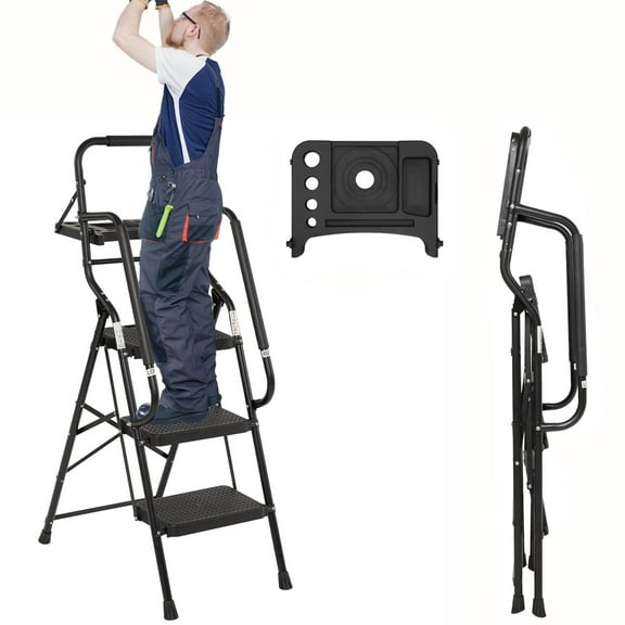 3 Step Ladder with Handrails, Foldable Ladder with Tool Plateform, Little Giant Ladder, Ladders for Home, Heavy Duty Step Ladder with Non-Slip Wide Pedal, 330LBS Portable Safety Stairs