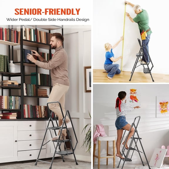 3 Step Ladder with Handrails, Folding Step Stool with Widened Anti-Slip Pedal, 500lbs Lightweight Step Ladder 3 Step Folding, Multi-use for Home Kitchen Pantry Office, Black