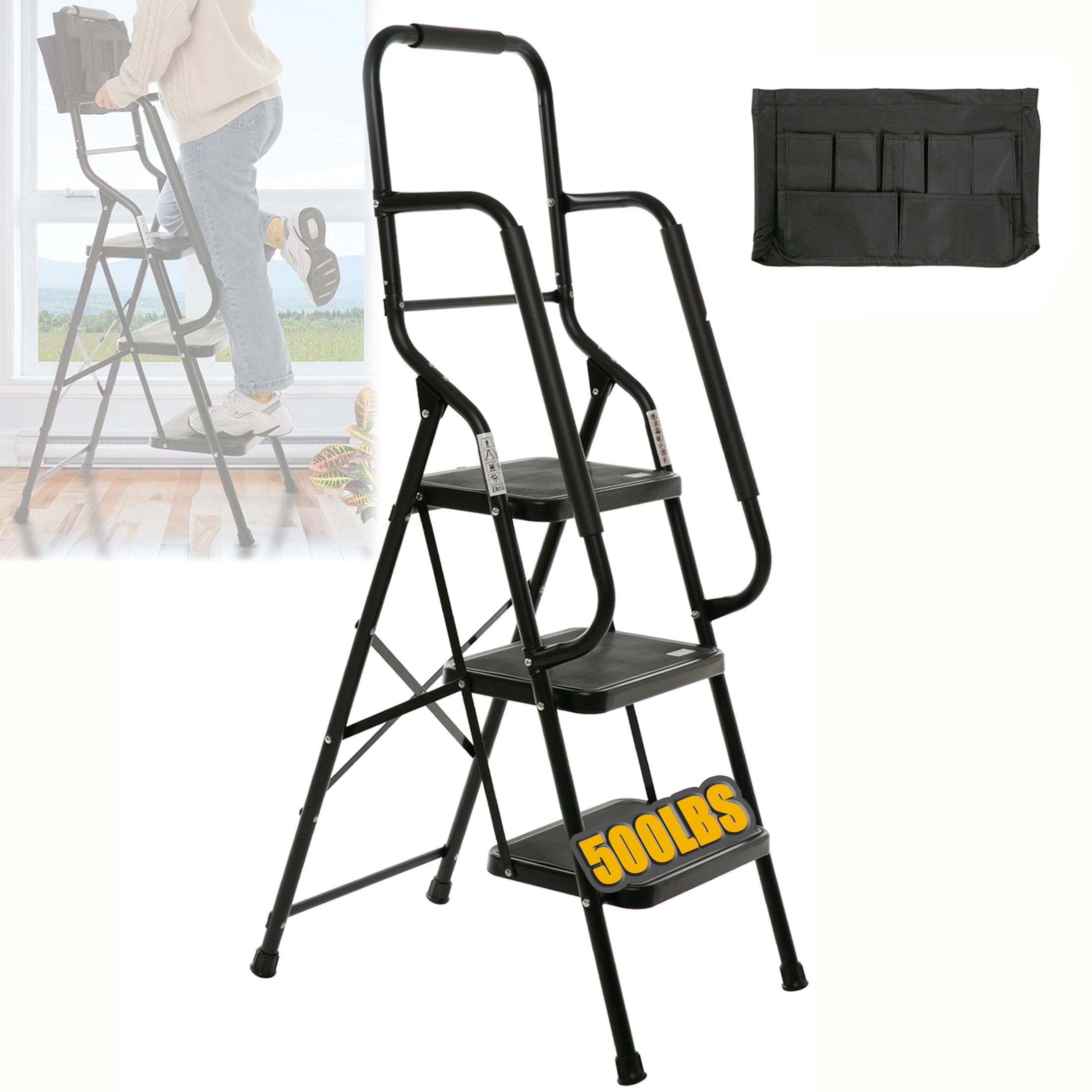 3 Step Ladder with Handrails, Step Stool Folding Ladders with Tool Bag