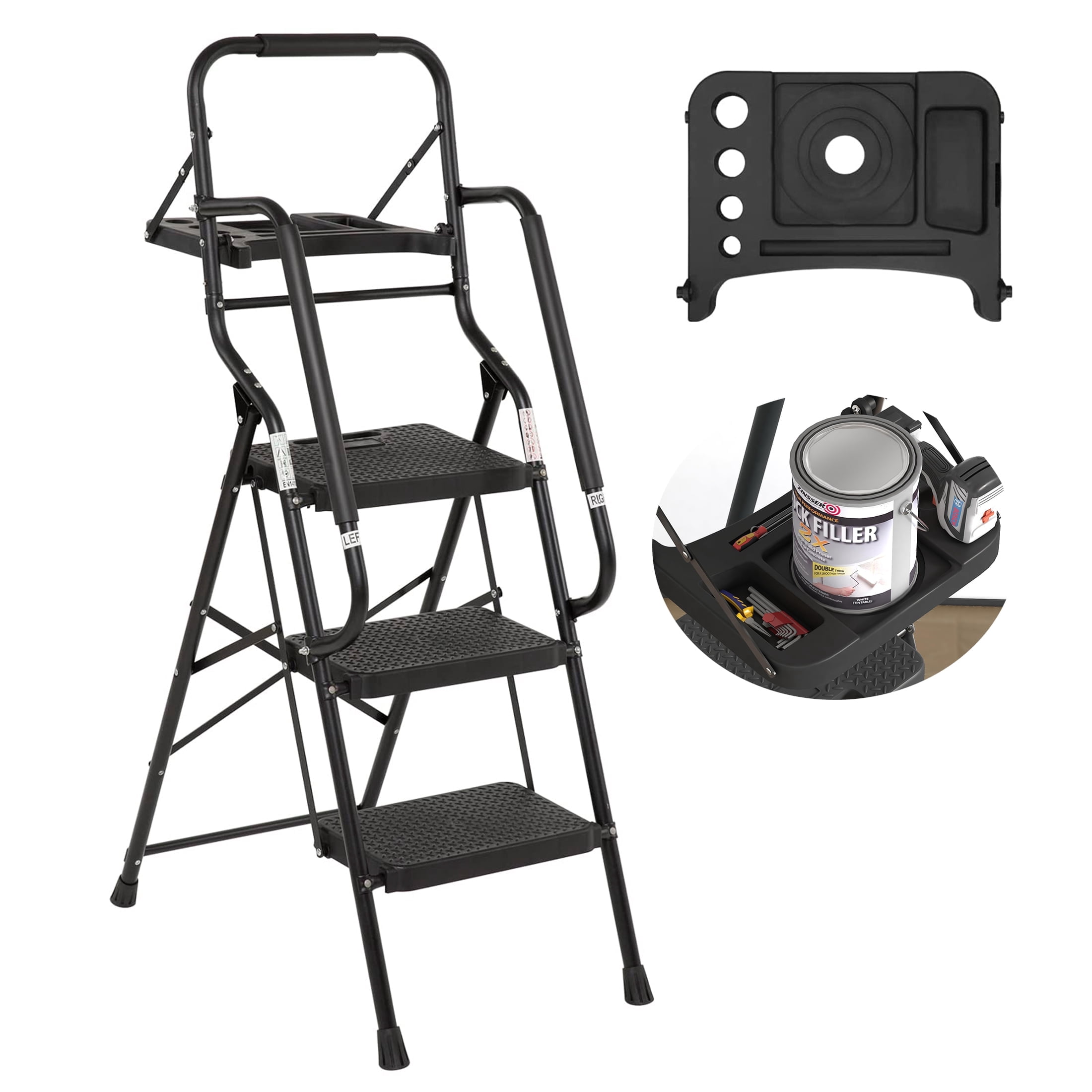 Step Ladders With Hand Rails Lockable 3 Step Ladder with Handrails & Tool Tray, 500 lb Folding Step Stool ...