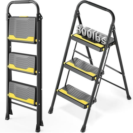 3 Step Ladder, Heavy-Duty 800lb Capacity, Wide Anti-Slip Steps & Secure Handrail Compact, Folding Step Stool Portable Design for Home, Kitchen, Office, Pantry, Closet Use, Black