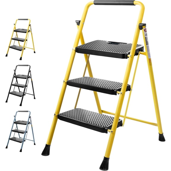3 Step Ladder, Heavy Duty Foldable Step Stool, Portable Steel Folding Stool for Household Garage Storage (Yellow)