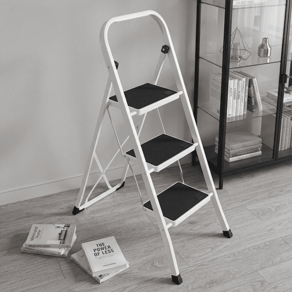 Whifea 3 Step Ladder, Heavy Duty Steel Step Stool, Anti-Slip Pedal Foldable Ladder for Home, Kitchen & Garage, 330lbs Capacity