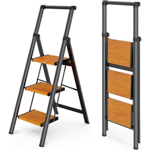 3 Step Ladder, Ladders for Home, Anti-Slip Pedals, Aluminum Step Stool Foldable, Lightweight to Move, Ease of Storage, Reach 8ft for Closet Kitchen Library, Hold 300lbs - Black&Wood Grain