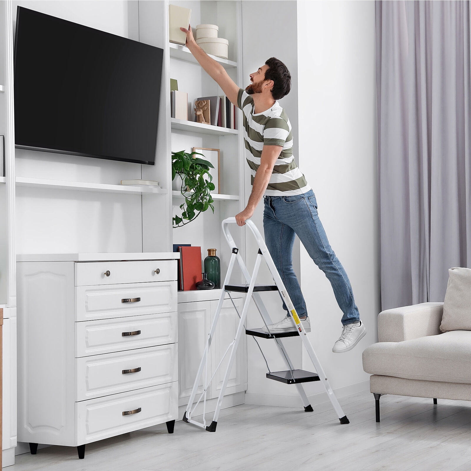 3 Step Ladder, Lightweight Folding Step Stools for Adults with Anti-Slip Pedal, Portable Sturdy Steel Ladder with Handrails, Perfect for Kitchen & Household, 300 lbs Capacity, White