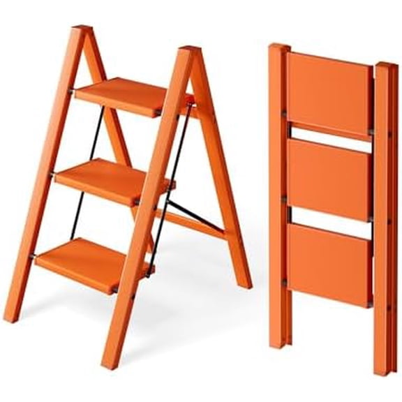 3 Step Ladder, Lightweight Portable 3 Step Stool with Anti-Slip Wide Pedal, 330lbs Capacity Aluminum Ladder for Household,Office,Kitchen(Orange)