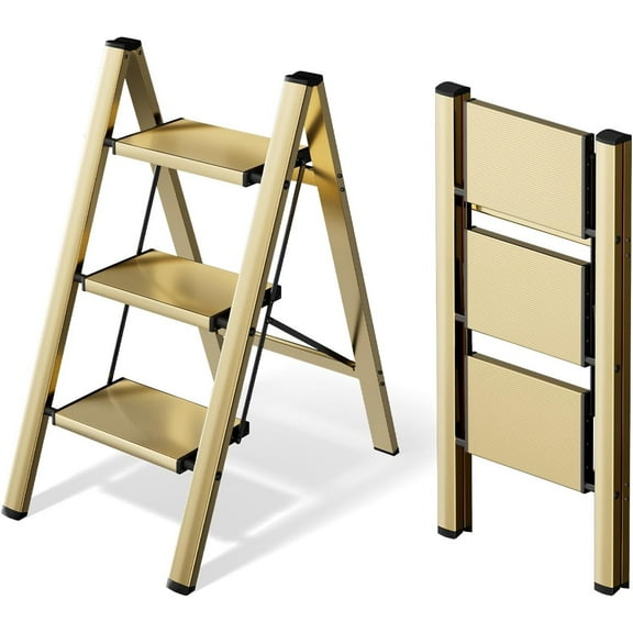 3 Step Ladder, Lightweight Portable 3 Step Stool with Anti-Slip Wide Pedal,330lbs Capacity Aluminum Ladder for Household,Office,Library(Gold)