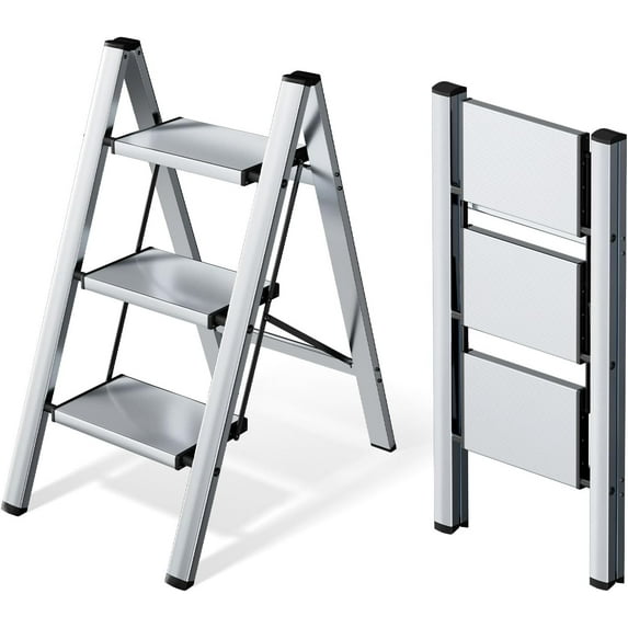 3 Step Ladder, Lightweight Portable 3 Step Stool with Anti-Slip Wide Pedal,330lbs Capacity Aluminum Ladder for Household,Office,Library(Silver)