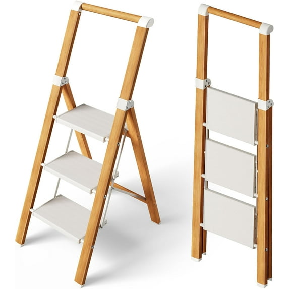 Taranta 3 Step Ladder, Portable Folding Ladder with Wide Pedal, Lightweight Aluminum Step Stool with Convenient Handgrip, 330 lbs Capacity Stepladder for Home, Office - White Woodgrain