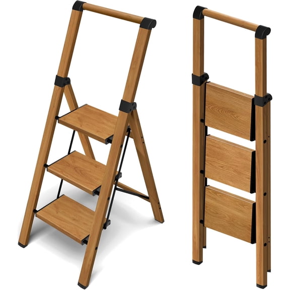 3 Step Ladder,Aluminum Lightweight Folding 3 Step Stool with Anti-Slip Wide Pedal, 330lbs Capacity Step Ladder for Household,Kitchen,Office - BlackWoodgrain