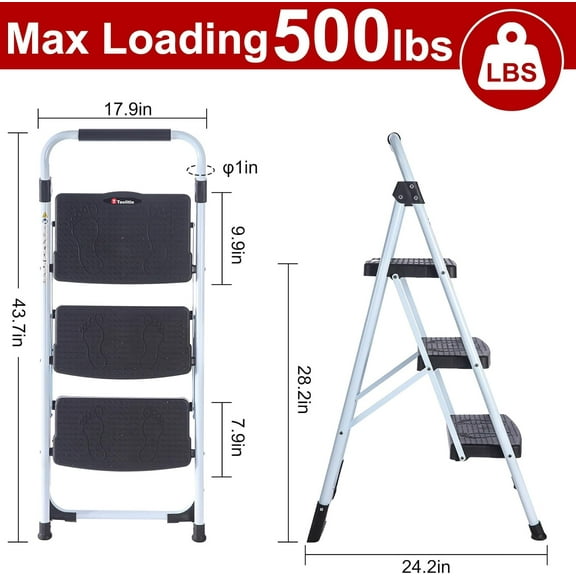 3 Step Ladder, Portable Folding Step Stool with Anti-Slip Pedal, 500lbs Sturdy Steel Ladder, Lightweight for Home Use