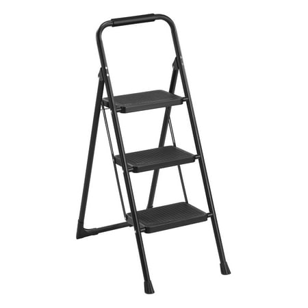 3 Step Ladder, ODEB Folding Step Stool with Wide Anti-Slip Pedal, 330lbs Sturdy Steel Ladder, Convenient Handgrip, Lightweight, Portable Steel Step Stool,Black