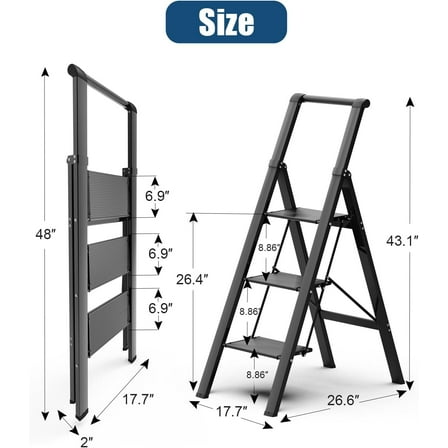 3 Step Ladder, Slim Folding Steps Stool with Handrail, Anti-Slip Wide Pedal, for Home, Kitchen, Office, Garage Use