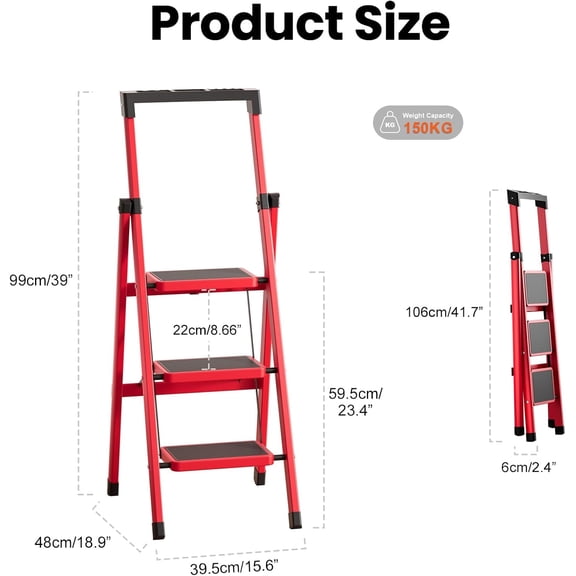 3 Step Ladder, Steel Folding Step Stool with Wide Anti-Slip Platform & Tool Tray, 330lbs Capacity, Compact Foldable Ladder for Home Kitchen, Office, Household Red