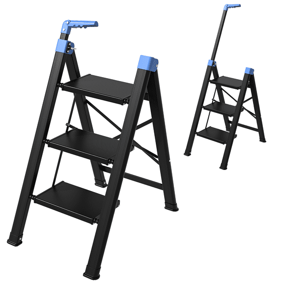 3 Step Ladder,Step Stool Foldable with Single-Handrail,Step Ladder with Anti-Slip Pedals for Home Kitchen Closet,Aluminum Sturdy Material,600lbs Max Load Capacity (Blue)