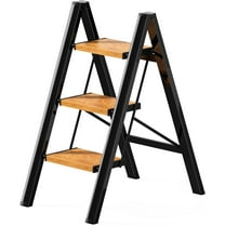 3 Step Ladder,Step Stool Folding Step Ladders for Adults Foldable Step Stools W/Wide Pedal,330 lbs Capacity Sturdy Aluminum Portable Kitchen Step Stool Black Wooden Ladder