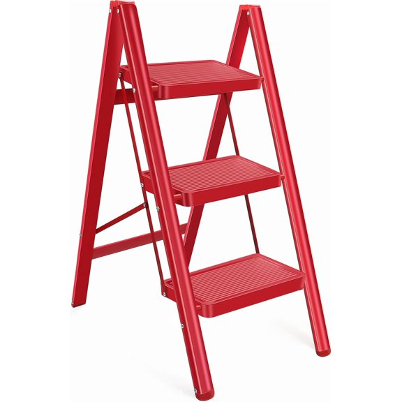 3 Step Ladder Stool for Adults, Folding Steel Step Stool w/Wide Anti-Slip Pedal, Ergonomic Design & Handrail, Lightweight, Portable for Home/Kitchen/Office,Red