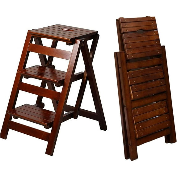 3-Step Ladder Stool, Wooden Folding Step Stool for Home & Kitchen, Solid Pine with Non-Slip Steps & Anti-Scratch Shoe Covers, 337lb Weight Capacity, Space-Saving, No Assembly Required (Walnut)