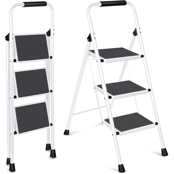 3 Step Ladder, Folding Step Stool with Wide Anti-Slip Pedal, 330lbs Sturdy Steel Ladder, Convenient Handgrip, Lightweight, Portable Steel Step Stool