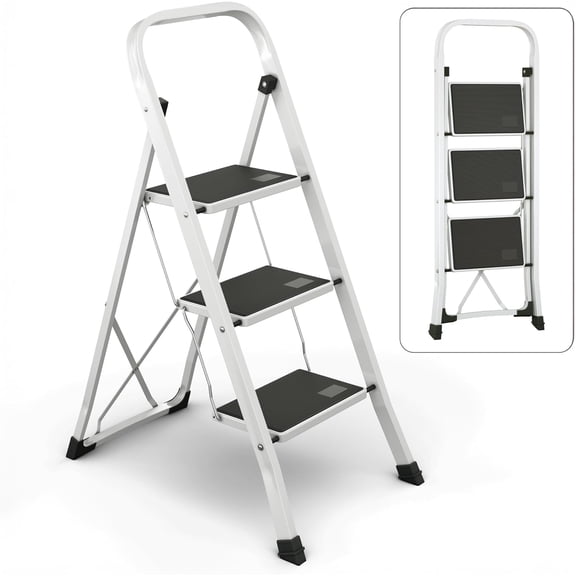 3-Step Ladder with Wide Anti-Slip Platform & Thick Rubber Feet,Folding Step Stool with Anti-Slip,Heavy Duty Foldable & Portable,330 lbs Capacity, Steel Frame, Rubber Handgrip, Folding Step Stool