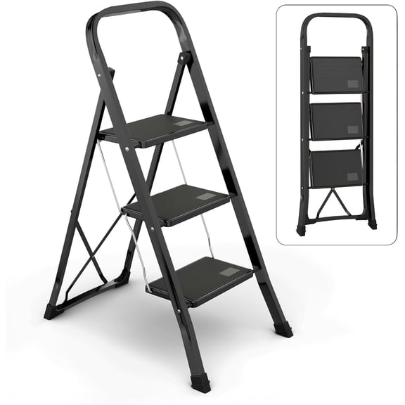 3-Step Ladder with Wide Anti-Slip Platform & Thick Rubber Feet,Folding Step Stool with Anti-Slip,Heavy Duty Foldable & Portable,330 lbs Capacity, Steel Frame, Rubber Handgrip, Folding Step Stool
