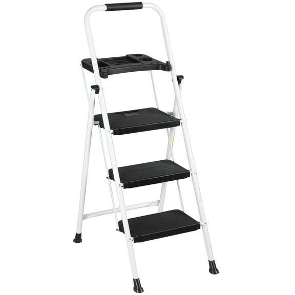 3 Step Ladder with Tool Platform Folding Step Stool with Anti-Slip Pedal White For Daily Life