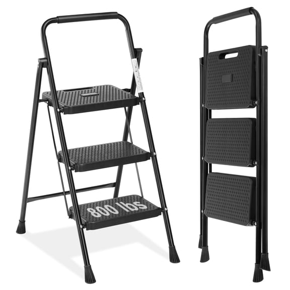 3 Step Ladder with Anti-Slip Pedal, Folding Step Stool for Home/Kitchen/Office, 800lbs Capacity, Black