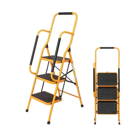 3 Step Ladder with Handrails, 330LBS Folding Step Stool, NonSlip Side Armrests Large Pedal Area, Multi-use for Home Kitchen Pantry Office