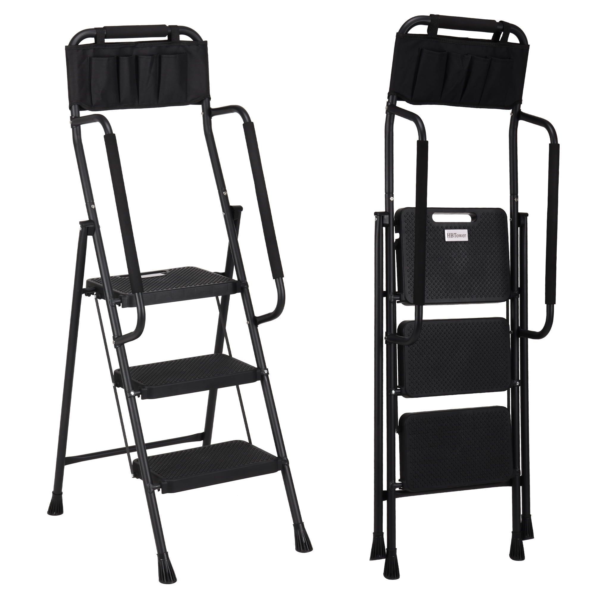 Jocauto 3 Step Ladder with Handrails, 500 Lbs Capacity, Folding Step Stool Ladder with Attachable Tool Bag, Black