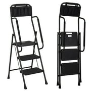 Jocauto 3 Step Ladder with Handrails, 500 Lbs Capacity, Folding Step Stool Ladder with Attachable Tool Bag, Black