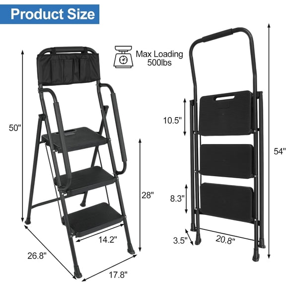 3 Step Ladder with Handrails & Attachable Tool Bag, 500 lbs Folding Step Stool Ladder, Wide Non-Slip Pedal for Kitchen Pantry Home Office, Black