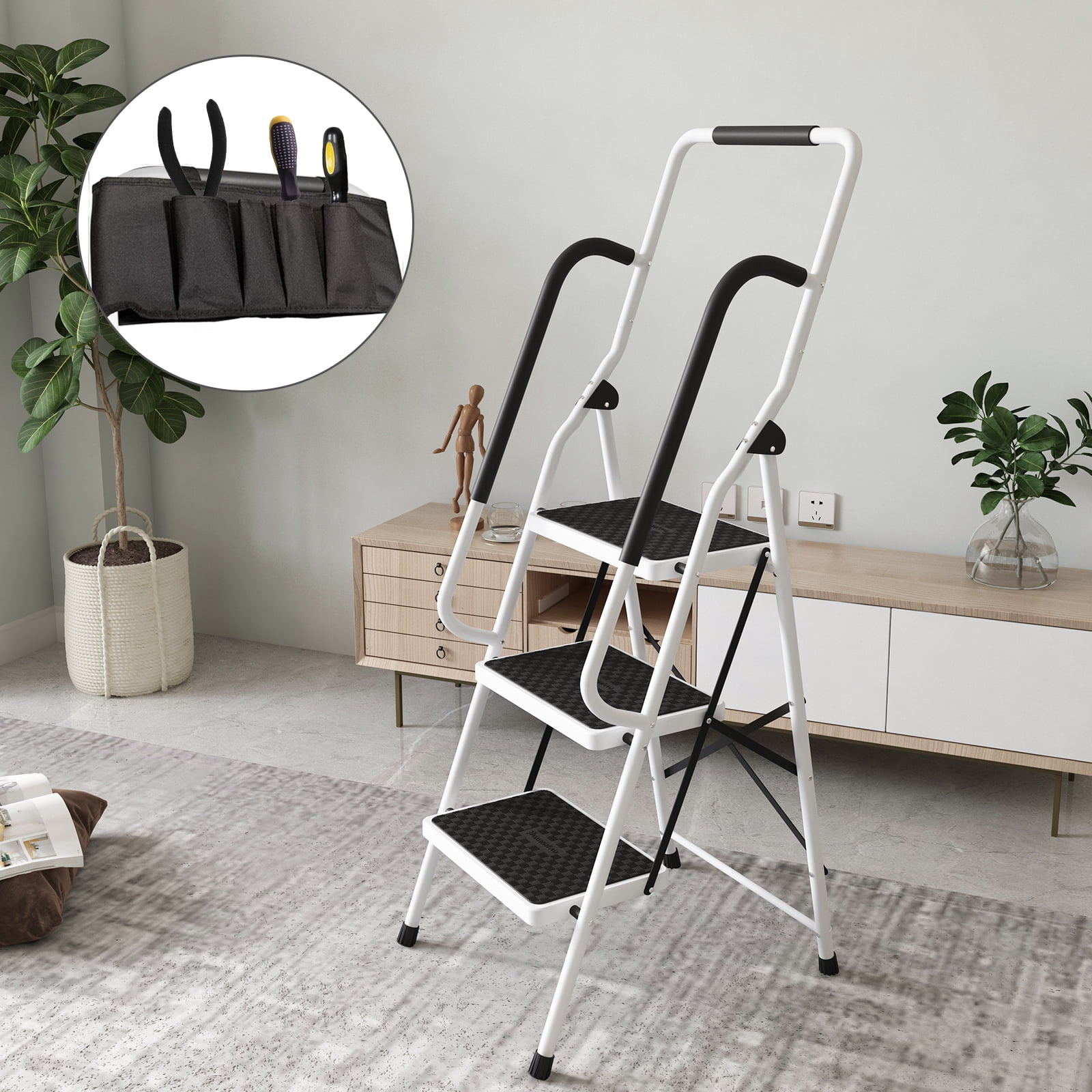 3 Step Ladder with Handrails, Heavy Duty Portable Step Stool, Anti-Slip Pedal Folding Ladder for Home, Kitchen, or Office Use