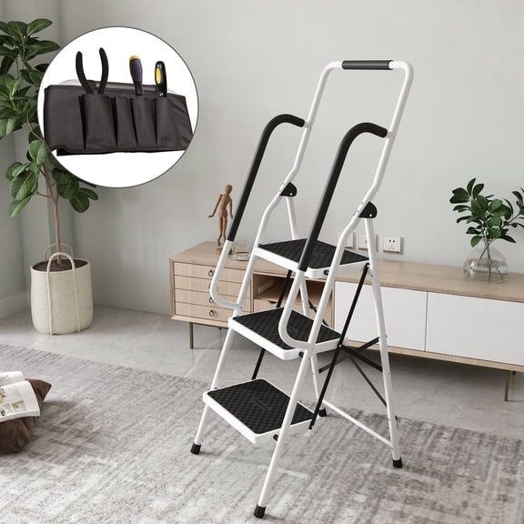 WHIFEA 3 Step Ladder with Handrails, Heavy Duty Steel Step Stool, Anti-Slip Pedal Foldable Ladder for Home, Kitchen, Garage & Office, 330LBS Capacity