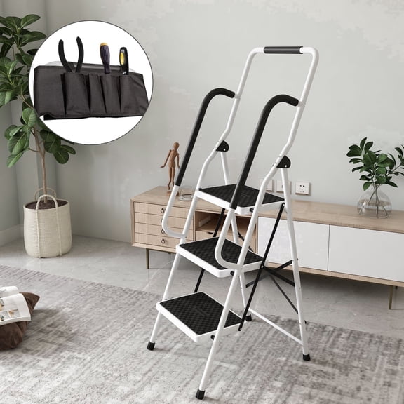 Laitimia 3 Step Ladder with Handrails, Heavy Duty Steel Foldable Step Stool, Anti-Slip, 330lbs Capacity for Home Kitchen Garage
