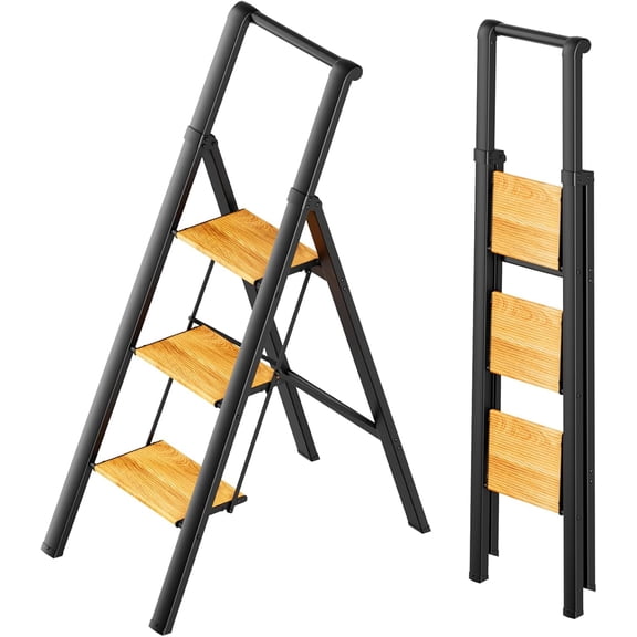 3 Step Ladder with Handrails, Lightweight Aluminium Folding Step Stool for Adults to Use in Kitchen,Closet and Library,300lbs(Black+Woodgrain)