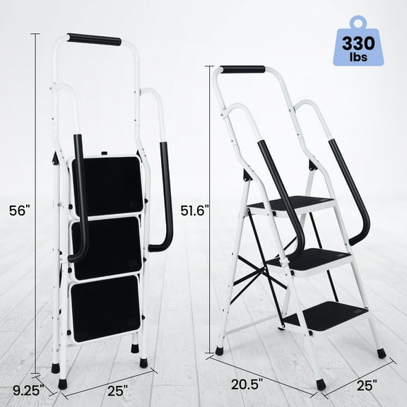 3 Step Ladder with Handrails, Portable Folding Step Stool with Safety Lock, Lightweight Step Stool Foldable for Library Home Garage Office