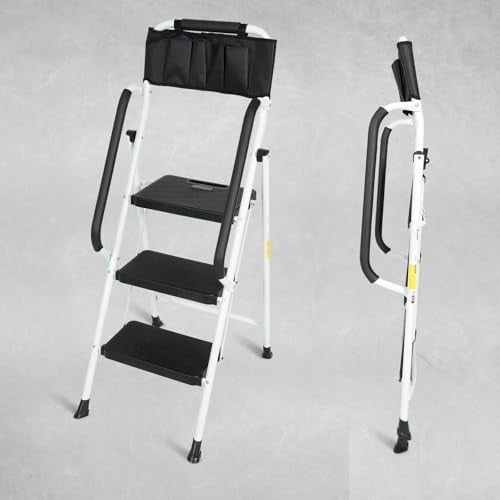 3 Step Ladder with Safety Handrails, Heavy Duty Folding Step Stool with Wide Anti-Slip Pedals & Feet, 500 lbs Capacity for Home & Office$$Tools