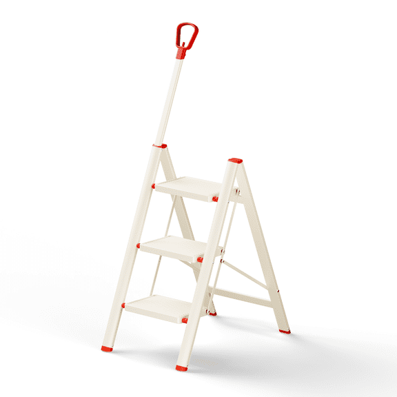 3 Step Ladder with Single-Handrail,Foldable Step Stool with Anti-Slip Wide Pedals for Home Kitchen Closet, Step Ladder 3 Step Folding Beige