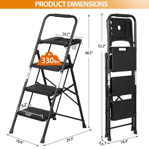 3 Step Ladder with Tool Tray, Heavy Duty Folding Step Stool for Home Office