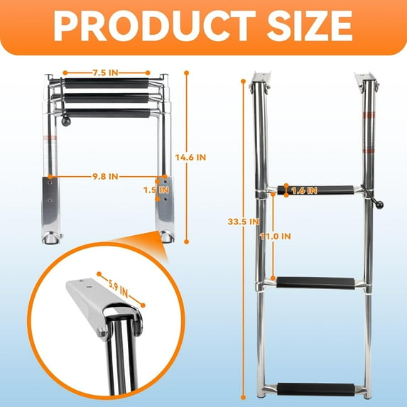 3-Step Marine Stainless Steel Telescoping Boat Ladder for Pontoon, Yacht & Fishing Boats