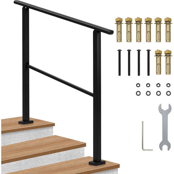 3-Step Outdoor Stair Handrail Kit, Adjustable Iron Handrail for Concrete & Porch Steps, Heavy Duty Metal Railing for Outdoor Safety, Easy DIY Installation Black