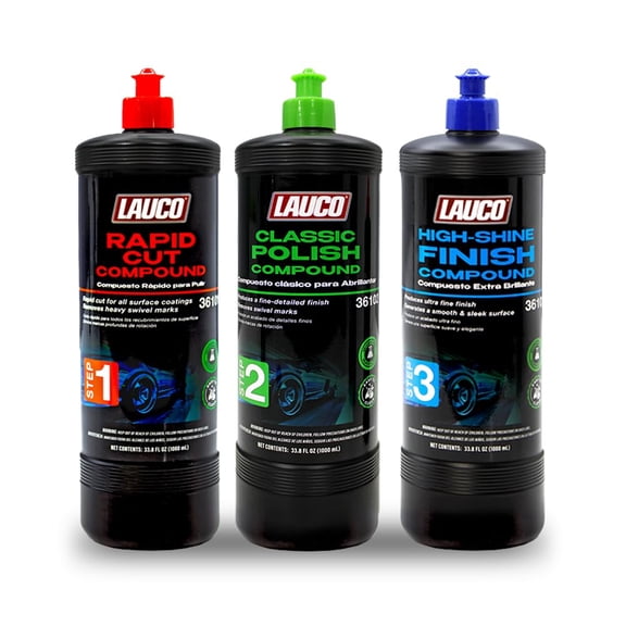 3-Step Paint Correction Compound Kit LAUCO  Includes Rapid Cut, Classic Polish and High-Shine Finish 3 x 1000mL  Silicone-Free, Professional Automotive Polishing System 36101-36102-36103