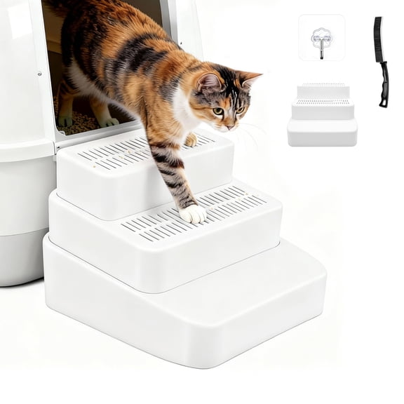 3-Step Pet Ramp with Brush, Adjustable Height, For Litter Boxes and Pet Access