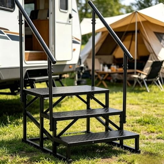 3Step Portable RV Mobile Home Stairs, 660LBS, Dual Handrails, AntiSlip HeavyDuty Outdoor Camper Steps