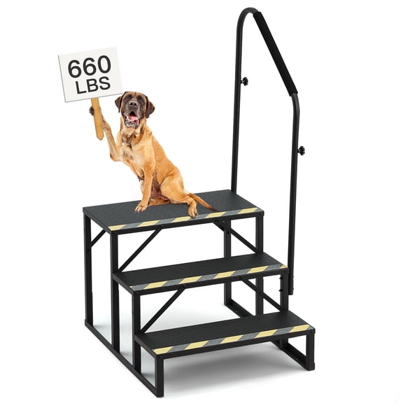 3-Step RV Steps with Handrail, 660 LBS Metal RV Stairs with Armrest Cover, Anti-Slip Hot Tub Steps, Mobile Home Steps for Travel Trailers, Camper, Pool and Porch with Non-Skid Tapes