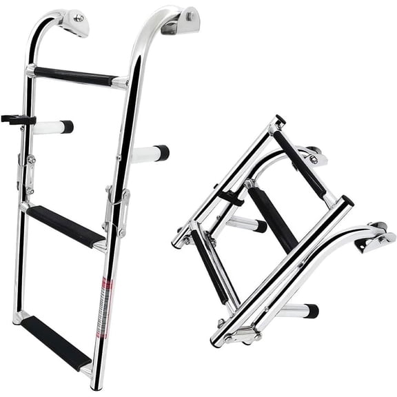 3 Step Stainless Steel Boat Ladder, Foldable Marine Pontoon Ladder with NonSlip Rubber Grip, Mounting Hardware