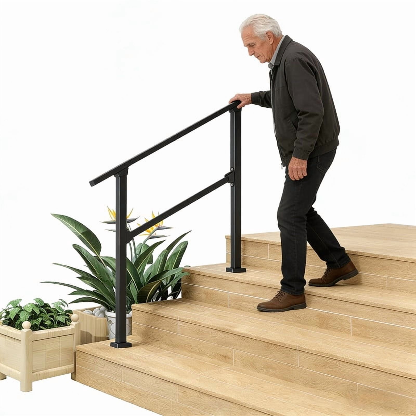 3 Step Stair Handrail for Outdoor Steps, Adjustable Height Zinc Steel ...